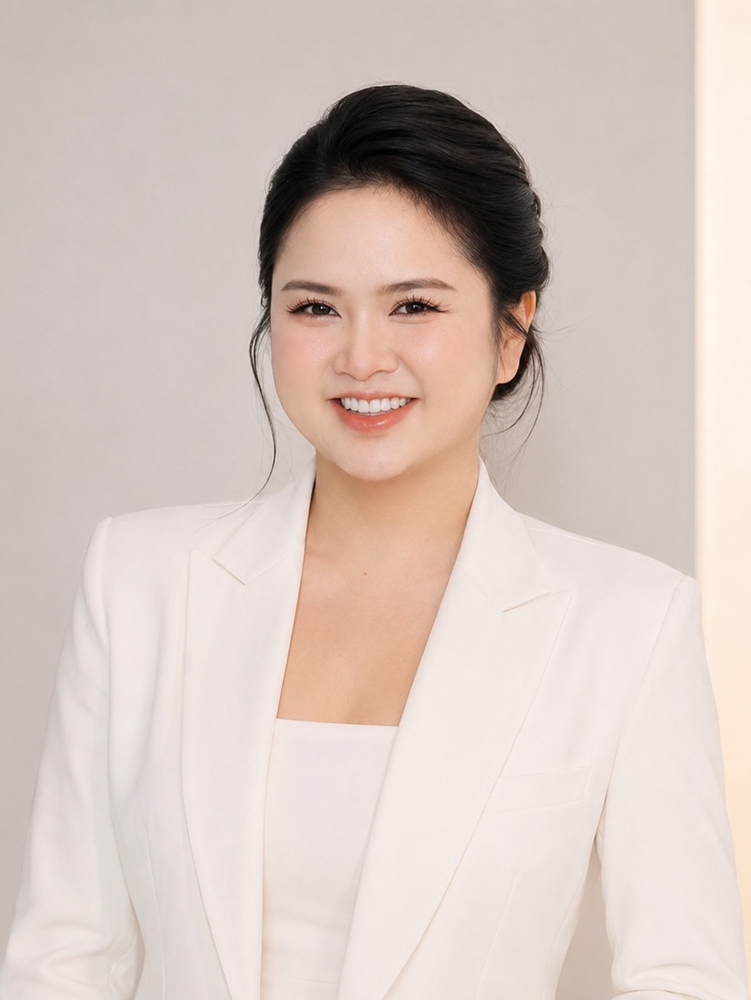 Chân dung Lucy Tran trong trang phục trắng